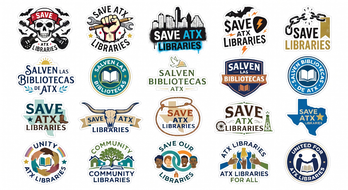 Sticker sheet showing 20 Save ATX Libraries designs in a 4 by 5 grid